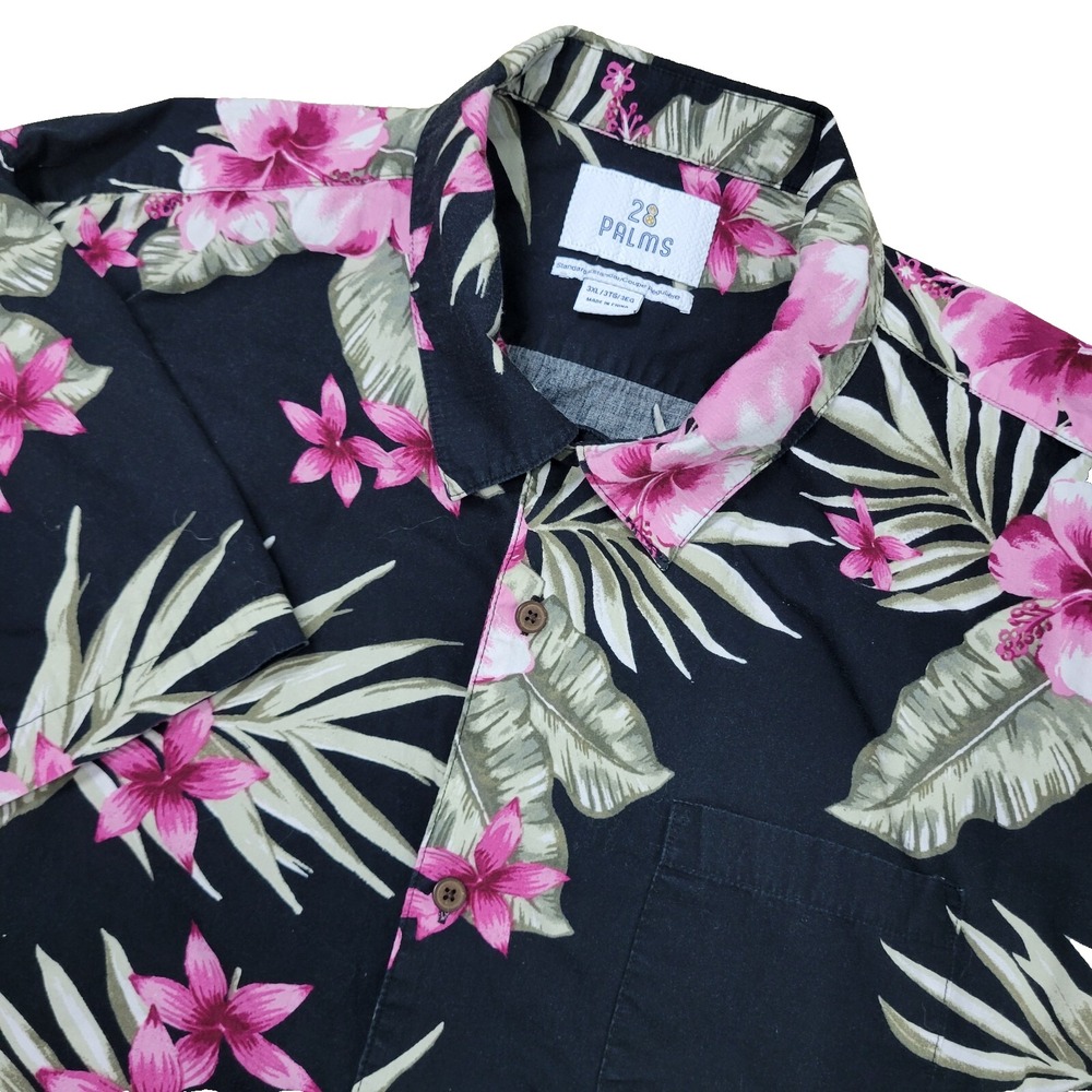 28 Palms Standard Fit Mens 3XL Black Pink Floral All Over‎ Hawaiian Button Up